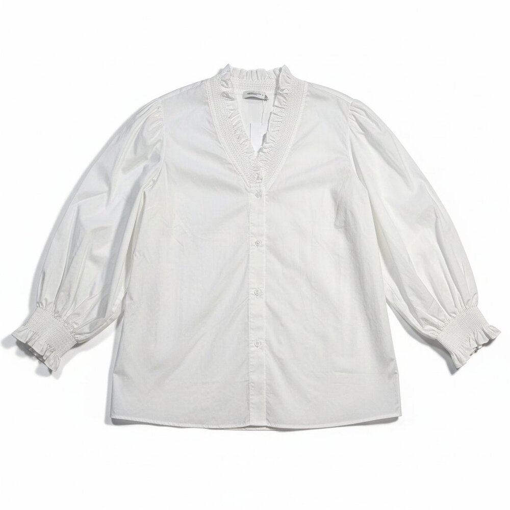 Harshman Bonnie‎ Shirt 1X White Cotton Ruffle Smocked Boho Prairie Romantic Plus